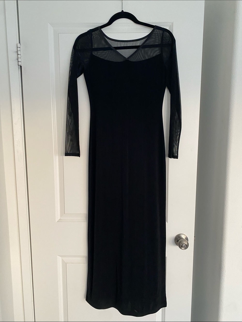 Express Black Long Sleeve Maxi Dress with Sheer Mesh Yoke